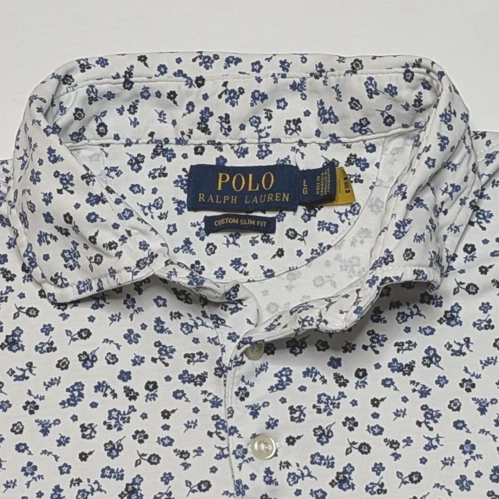 Polo Ralph Lauren Floral Polo Shirt Men's L White Blue Custom Slim Fit Cotton